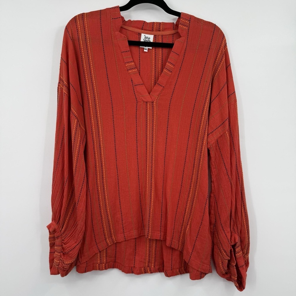 Ivy Jane Blouse Womens M/L Orange‎ Tunic Long Sleeve Embroidered Lightweight